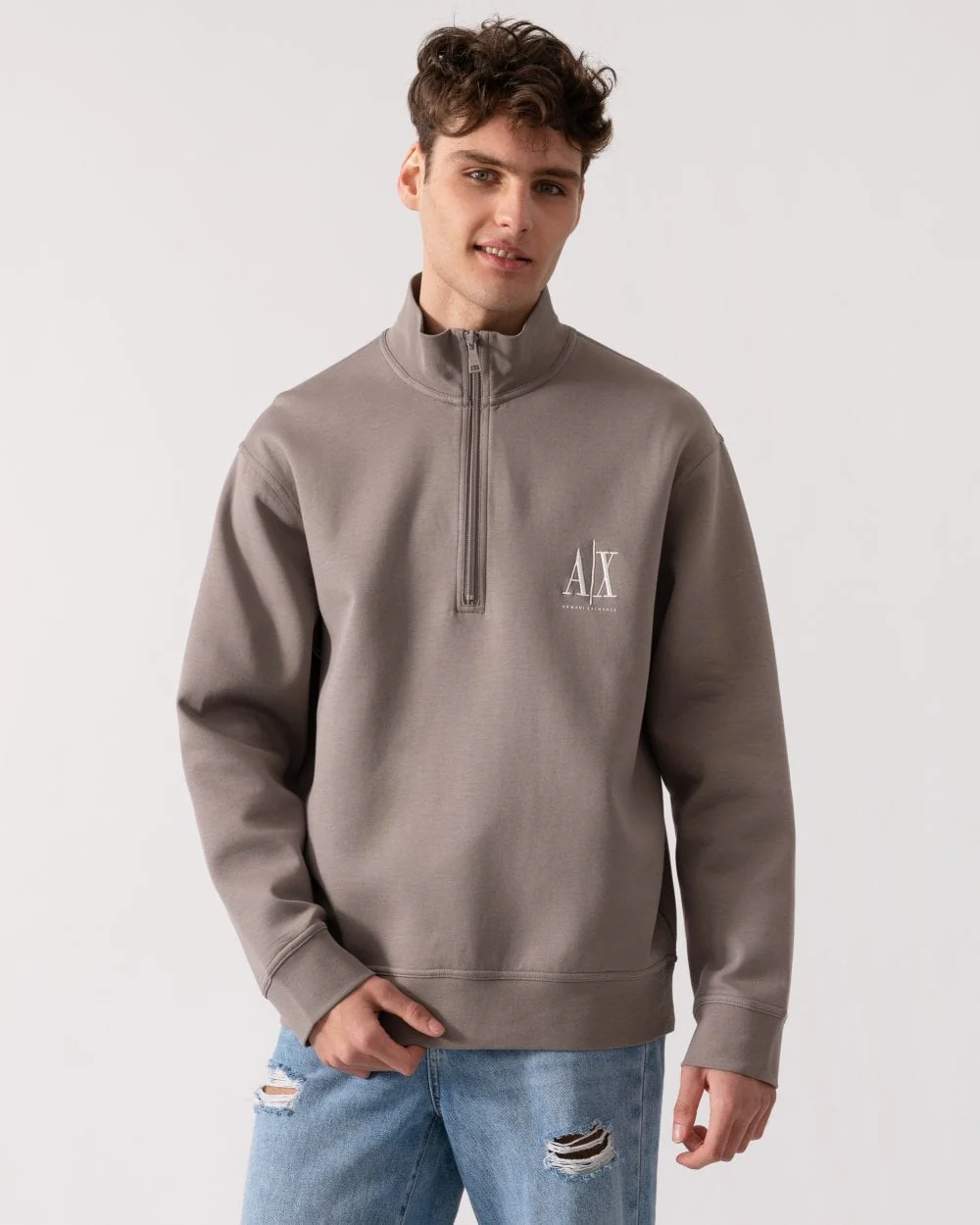 Armani Exchange Mens Embroidered A|X Logo 1/4 Zip Sweatshirt - Driftwood U6107
