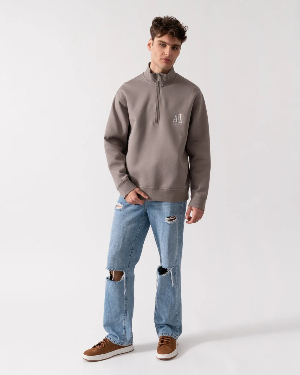 Armani Exchange Mens Embroidered A|X Logo 1/4 Zip Sweatshirt - Driftwood U6107 - Image 2