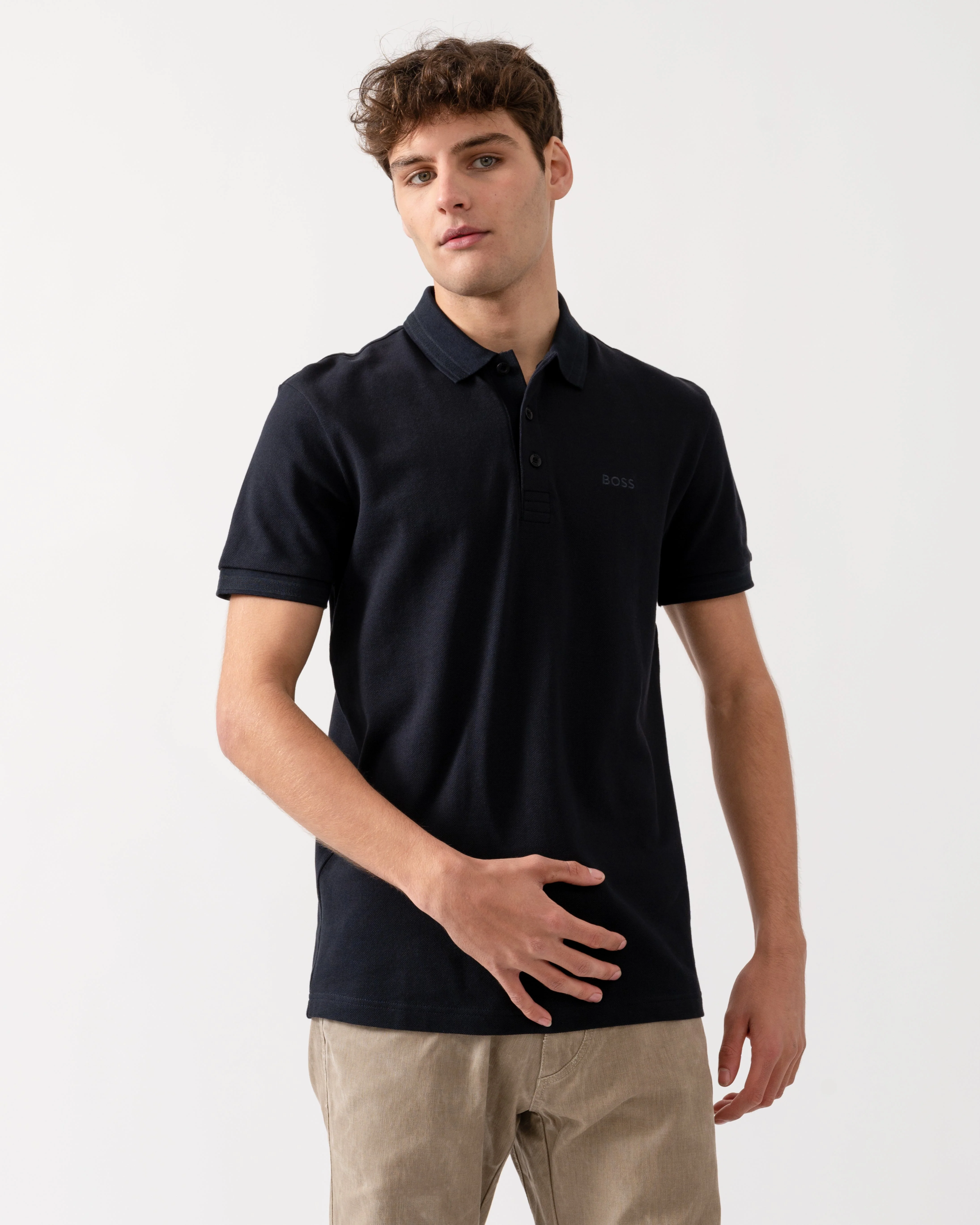 BOSS Green Paddy Mens Cotton-Piqué Polo Shirt with Contrast Logo - Navy 411