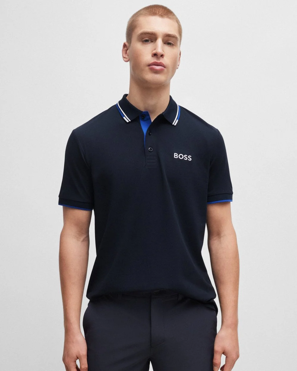 BOSS Green Paddy Pro Mens Cotton Blend Polo Shirt With Contrast Logos NOS - Dark Blue 402