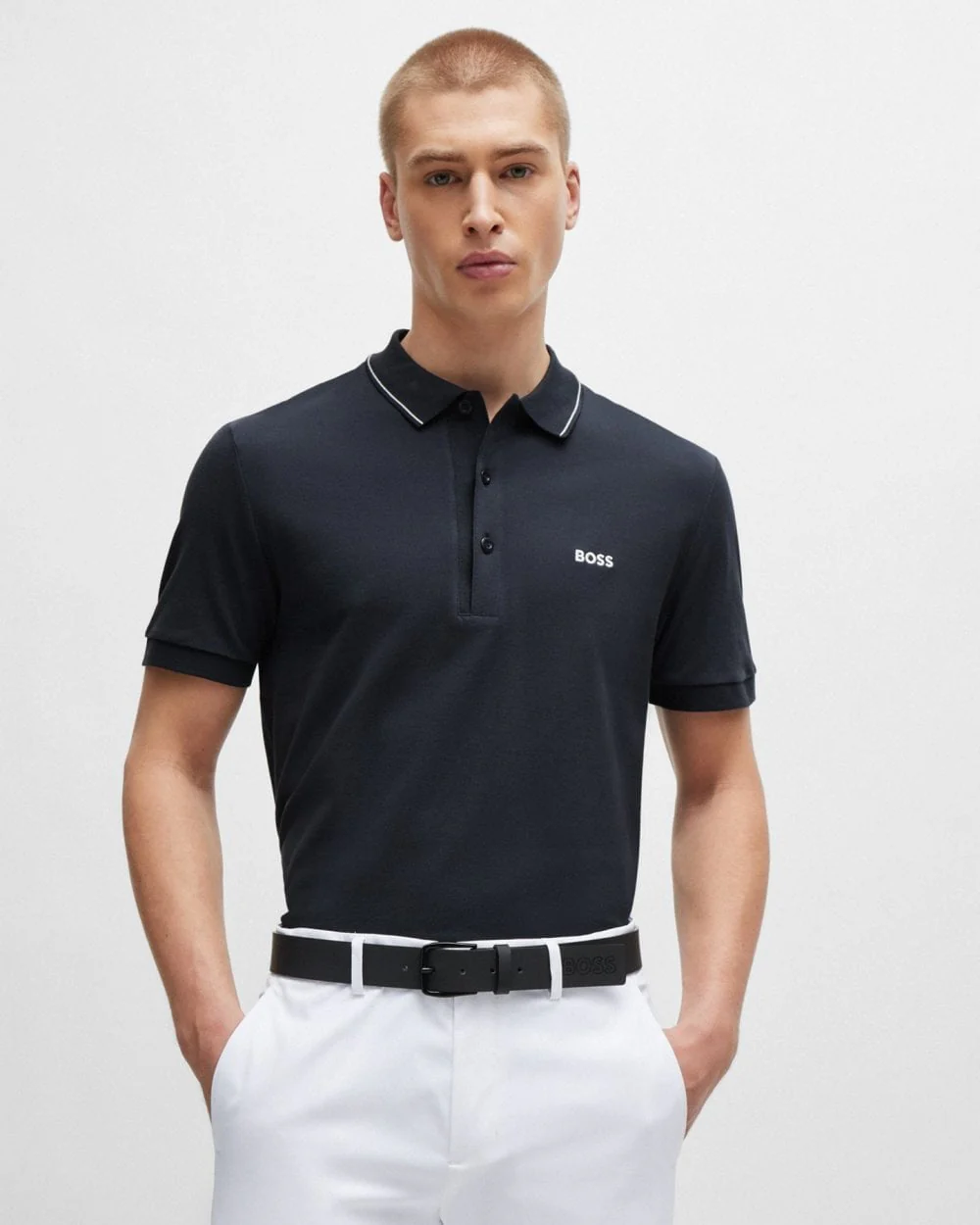 BOSS Green Paule 4 Mens Tipped Collar Polo Shirt NOS - Dark Blue 402