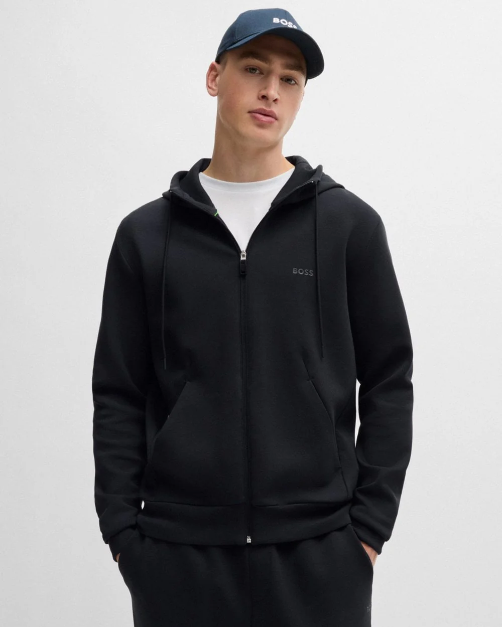 BOSS Green Saggy Mens Stretch Cotton Zip-Up Hoodie with Logo Print NOS - Dark Blue 402