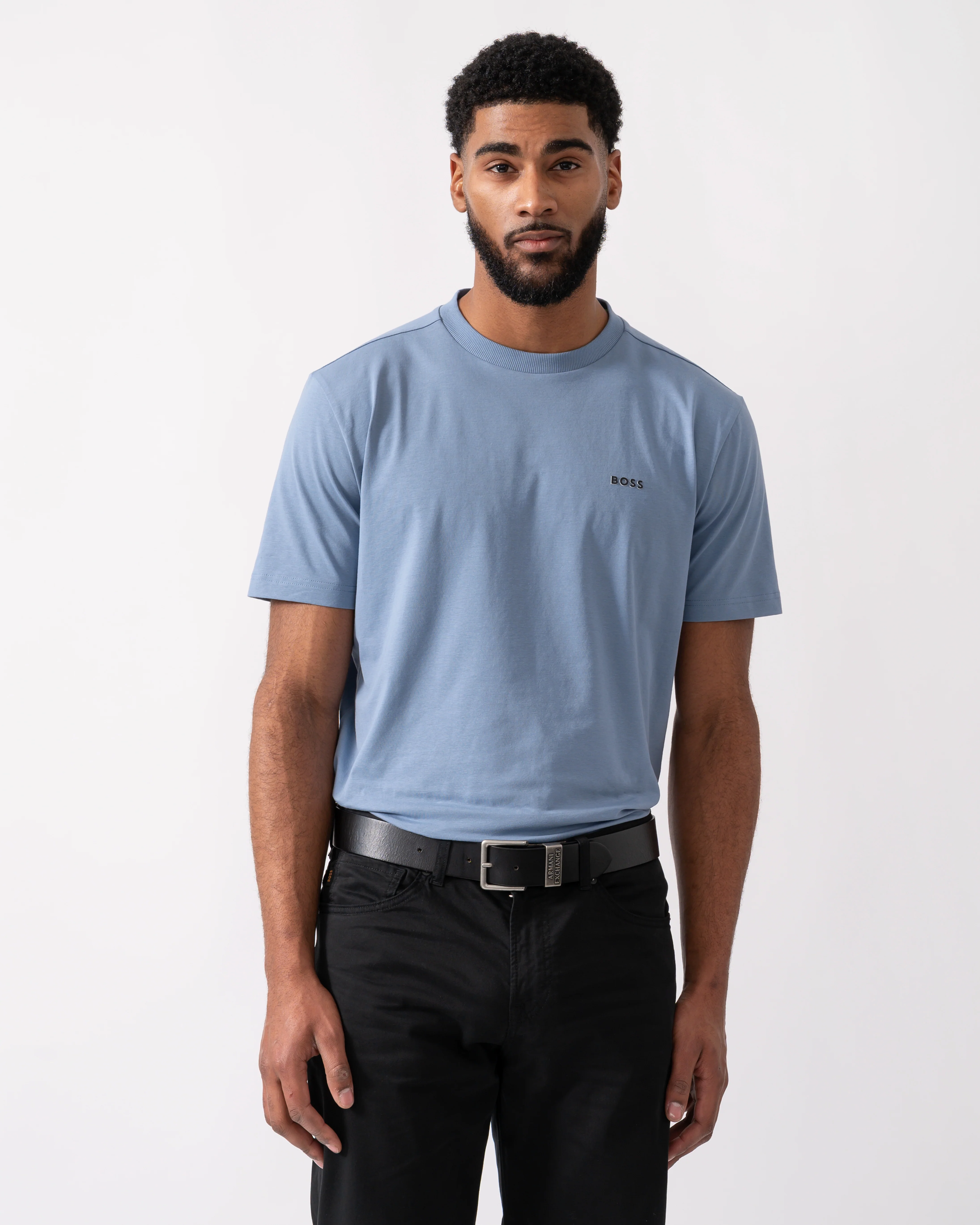 BOSS Green Tee Mens Stretch Cotton T-Shirt with Contrast Logo - Open Blue 490