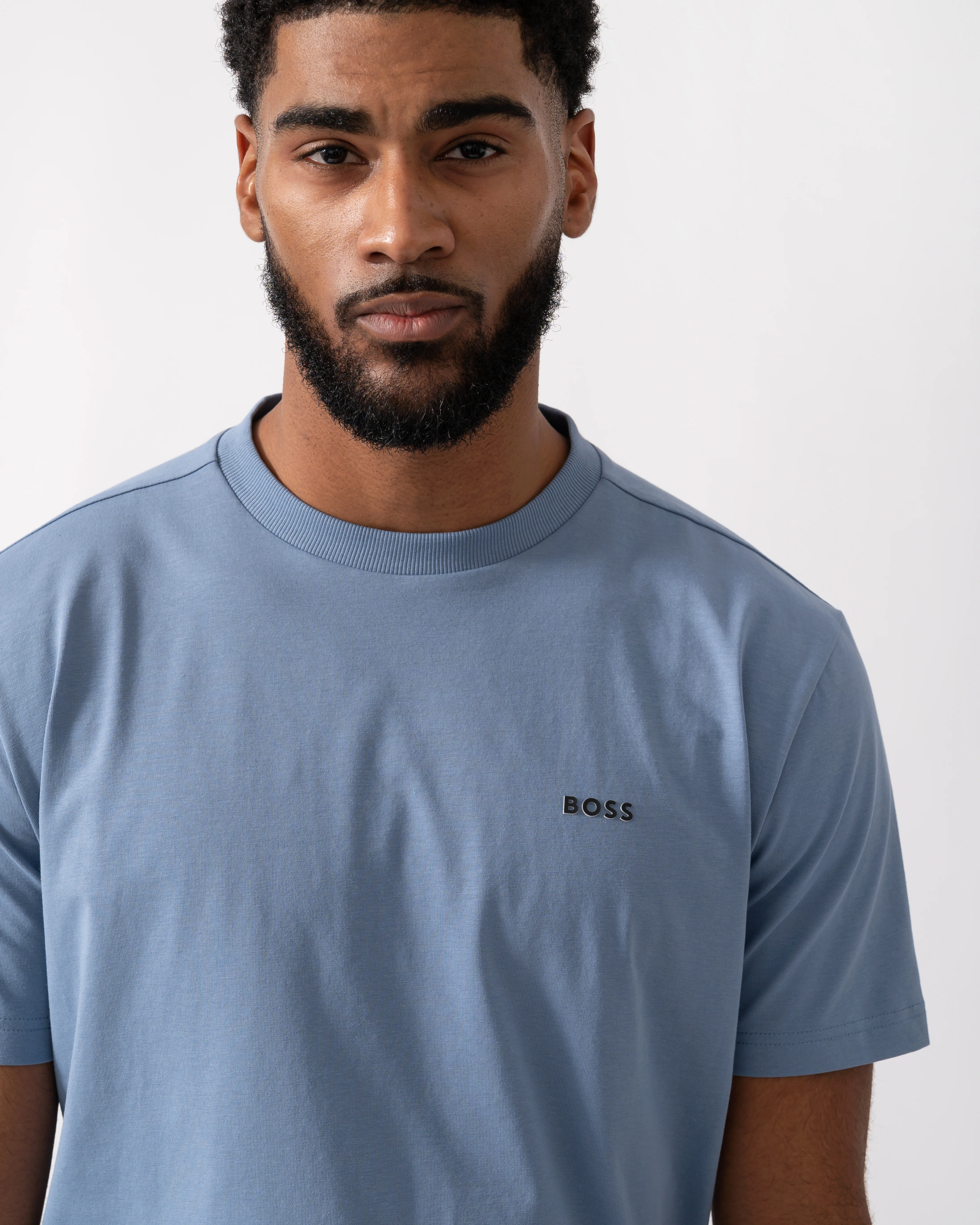 BOSS Green Tee Mens Stretch Cotton T-Shirt with Contrast Logo - Open Blue 490 - Image 2