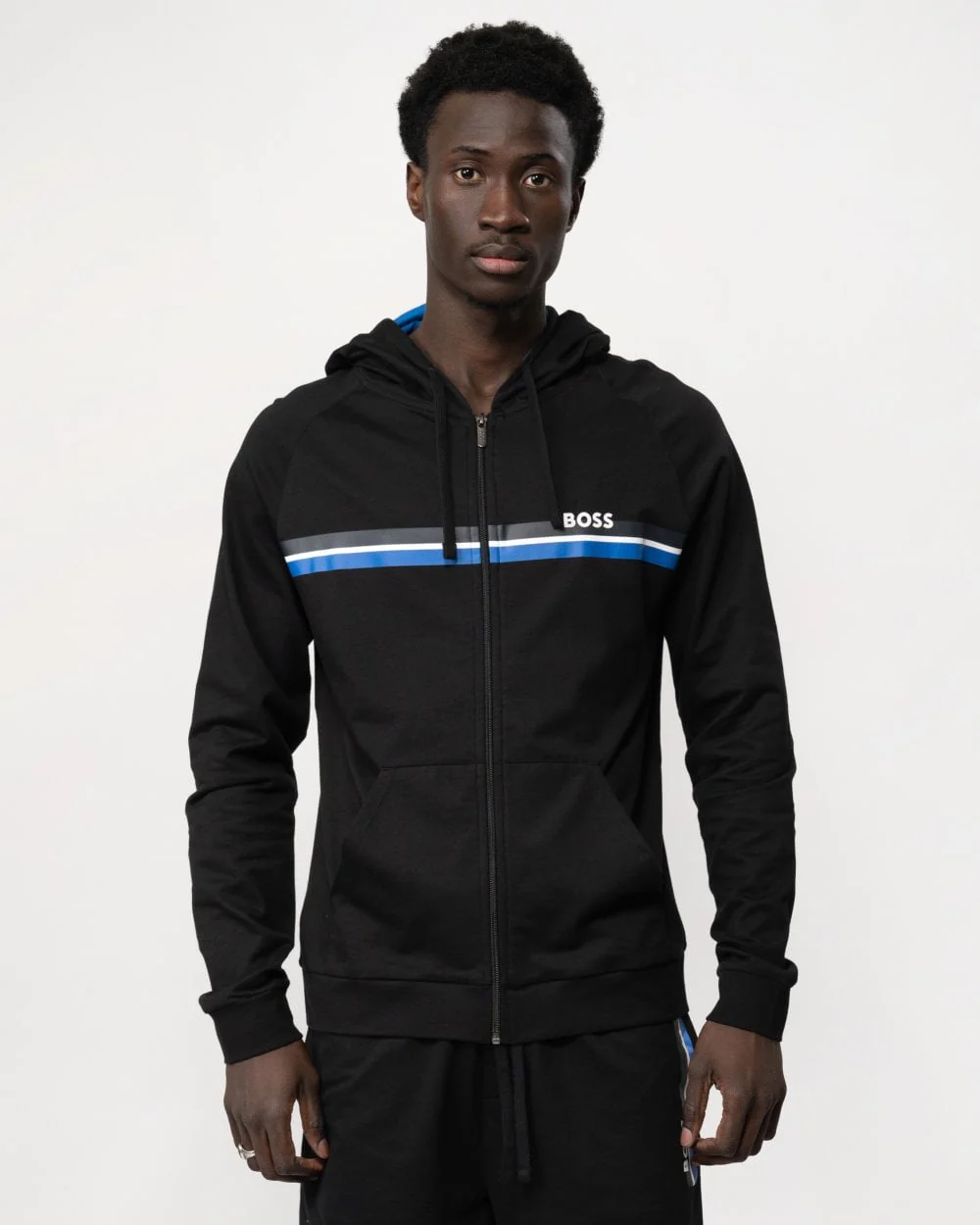 BOSS Orange Authentic Mens Cotton Terry Zip Lounge Hoodie with Stripes and Logo