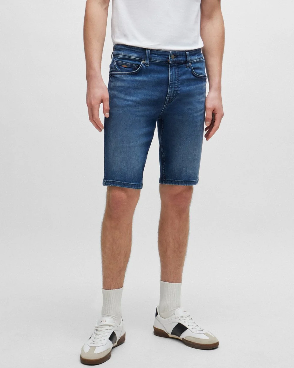 BOSS Orange Delaware BC-C Mens Slim Fit Shorts in Blue Soft-Motion Denim