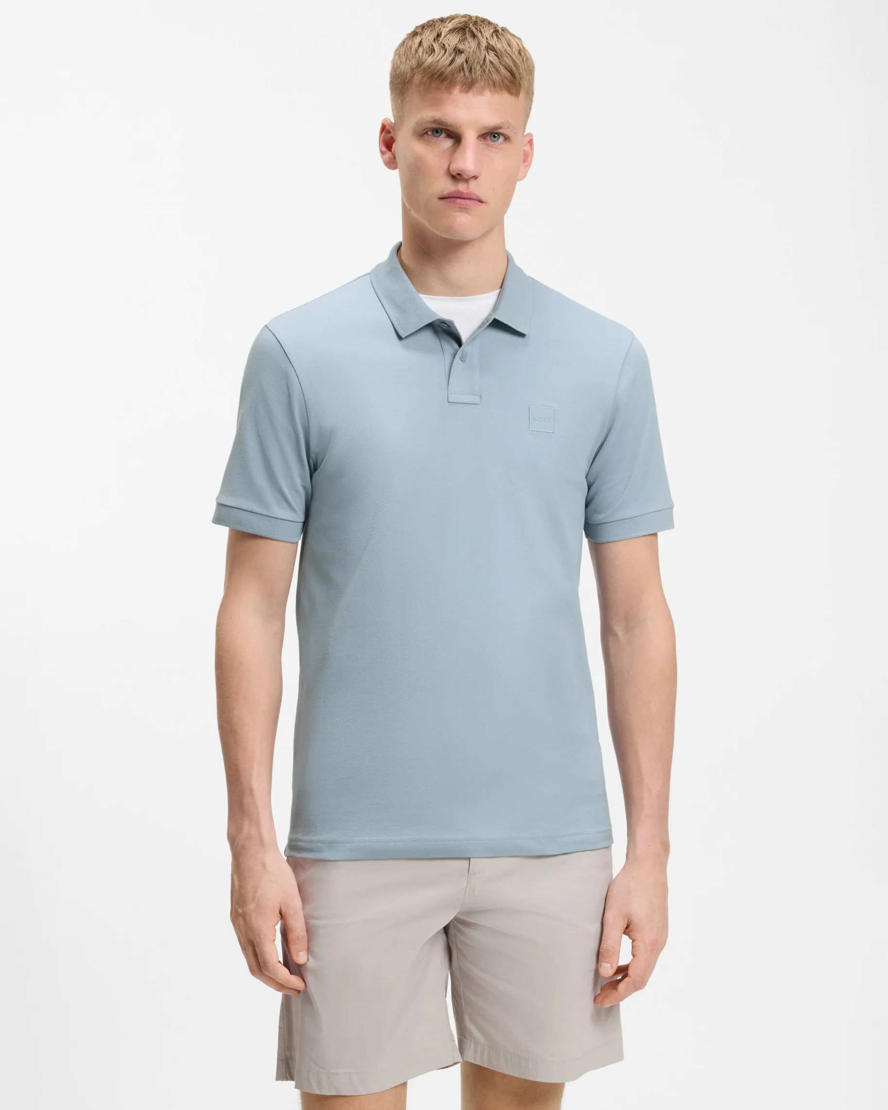 BOSS Orange Passenger Mens Stretch-Cotton Slim-Fit Polo Shirt with Logo Patch - Light/Pastel Blue 458