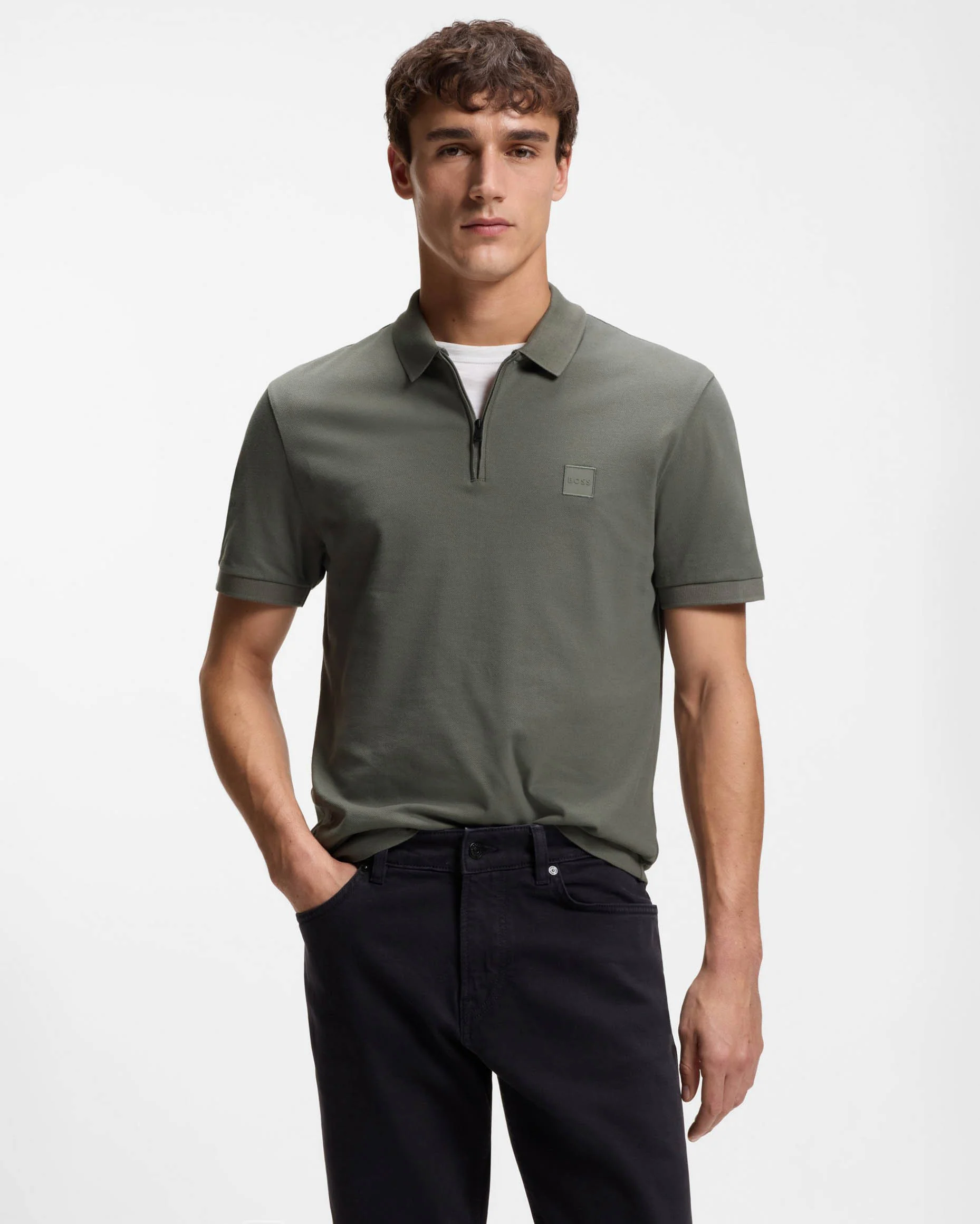 BOSS Orange Passerzip Mens Zip Placket Polo Shirt - Open Grey 076