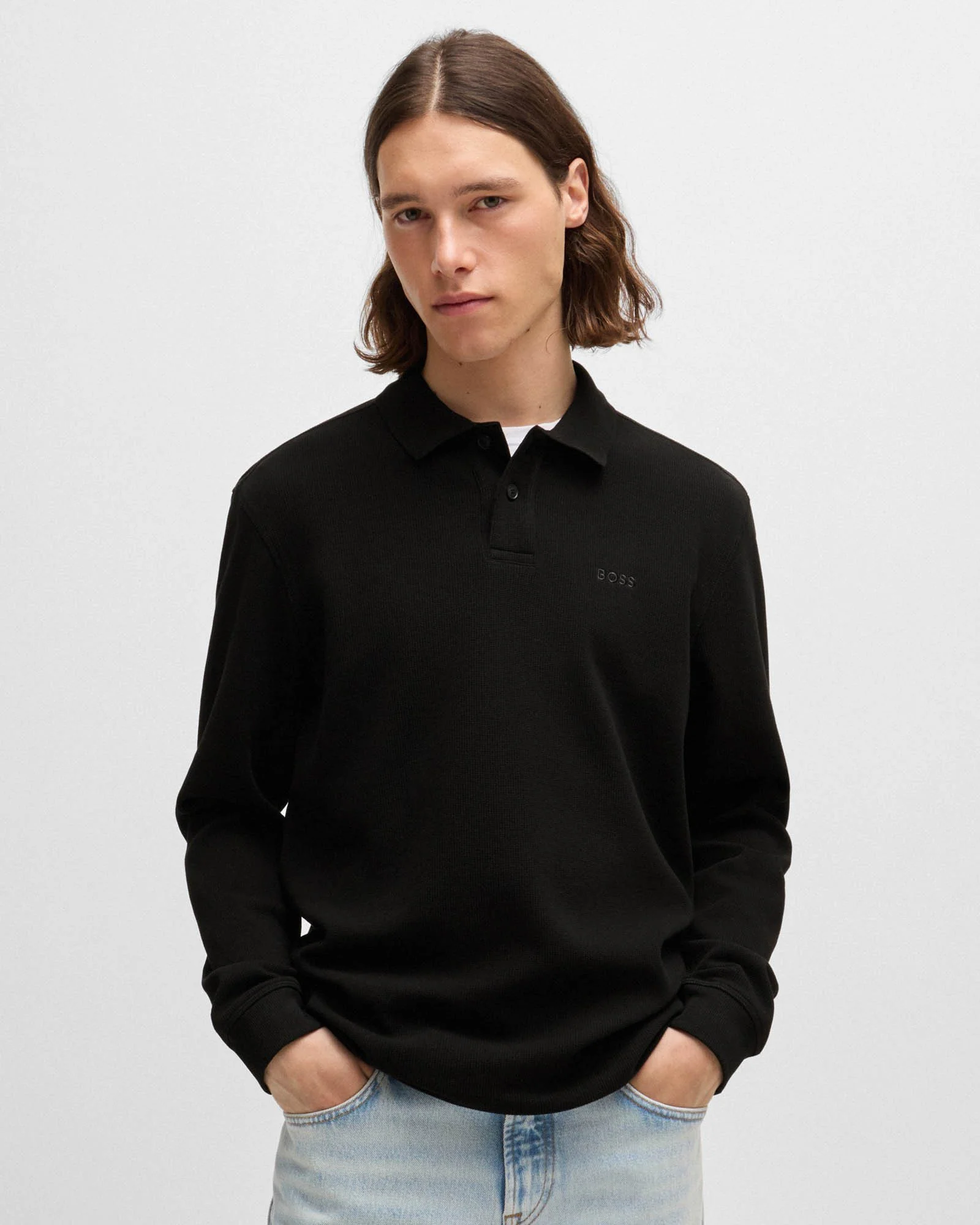 BOSS Orange Petempestolong Mens Cotton-Blend Polo Shirt with Waffle Structure - Black 001