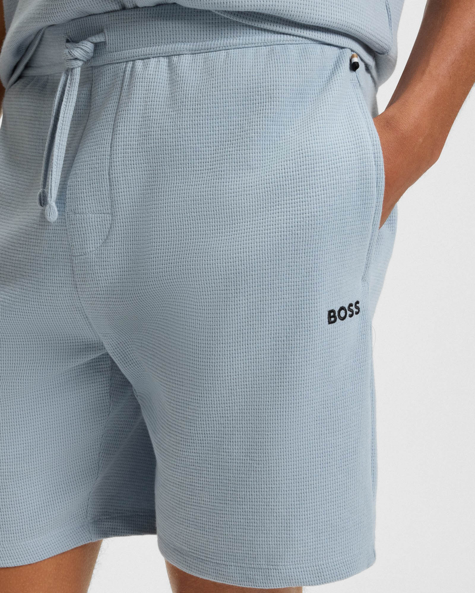 BOSS Orange Waffle Mens Cotton Blend Waffle Structure Pyjama Shorts with Embroidered Logo - Open Blue 483 - Image 2