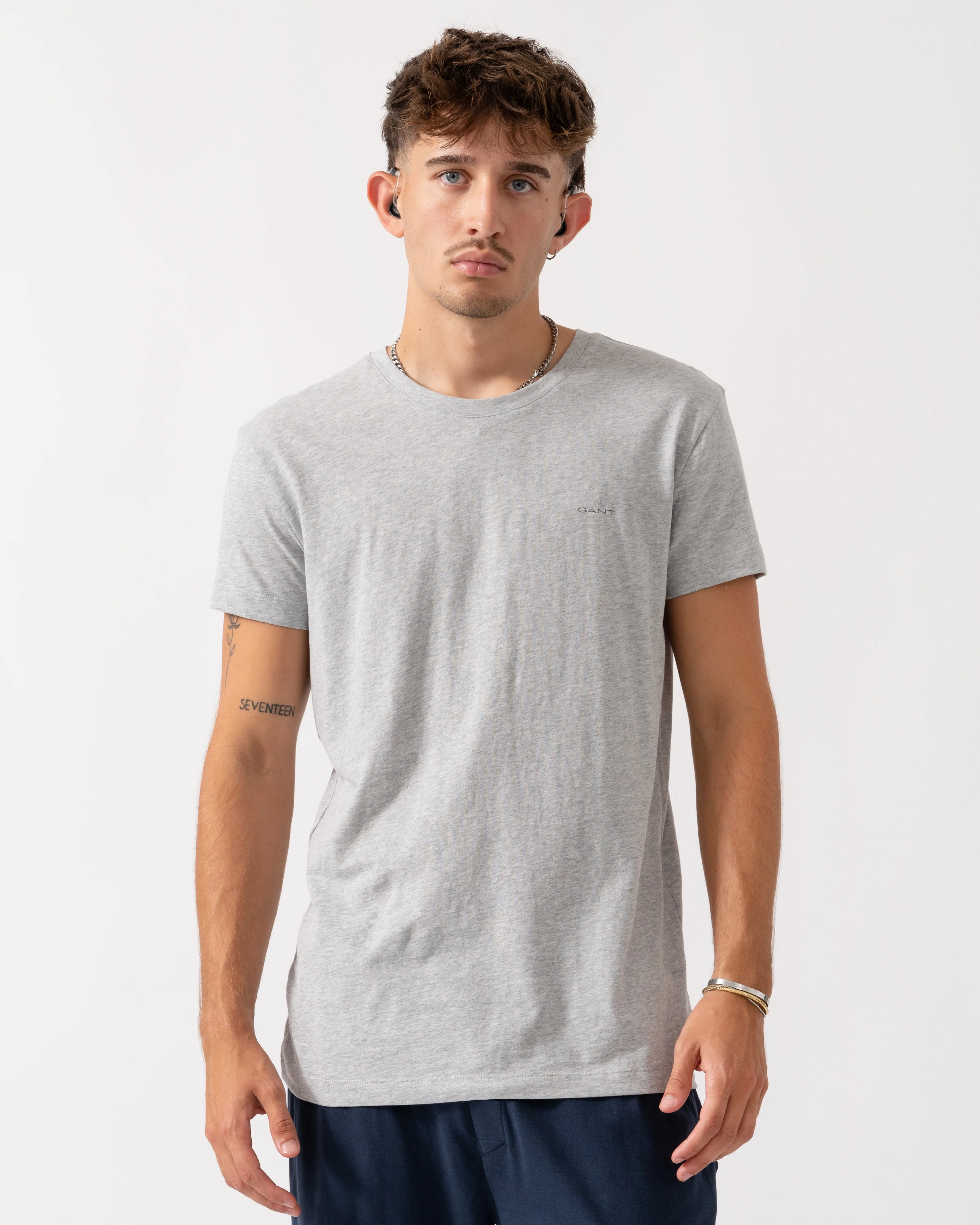 GANT 2-Pack Mens Crew Neck T-Shirts - 18 Light Grey Mel/Navy
