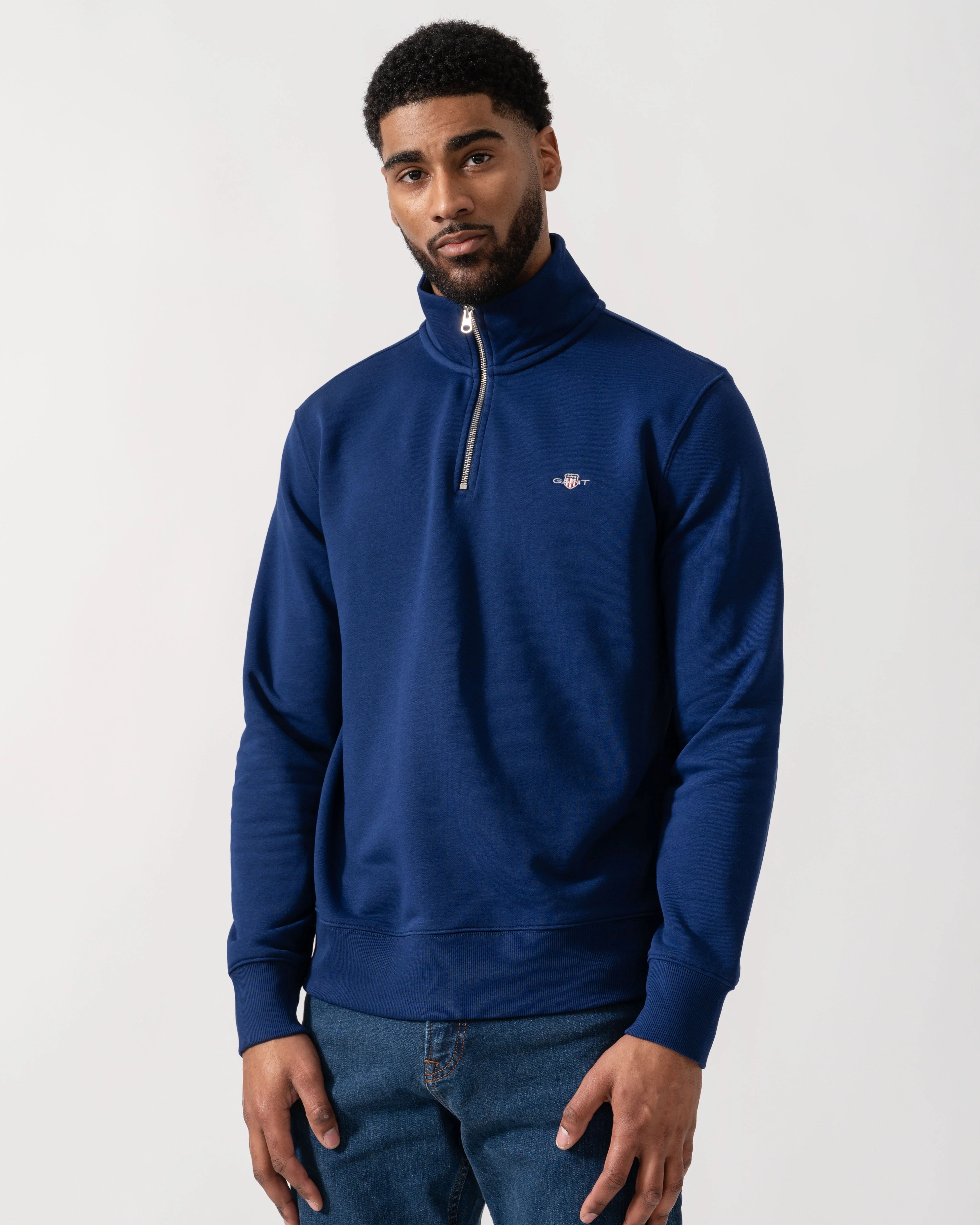 GANT Mens Regular Fit Shield Logo Half Zip Sweatshirt - 432 Rich Navy