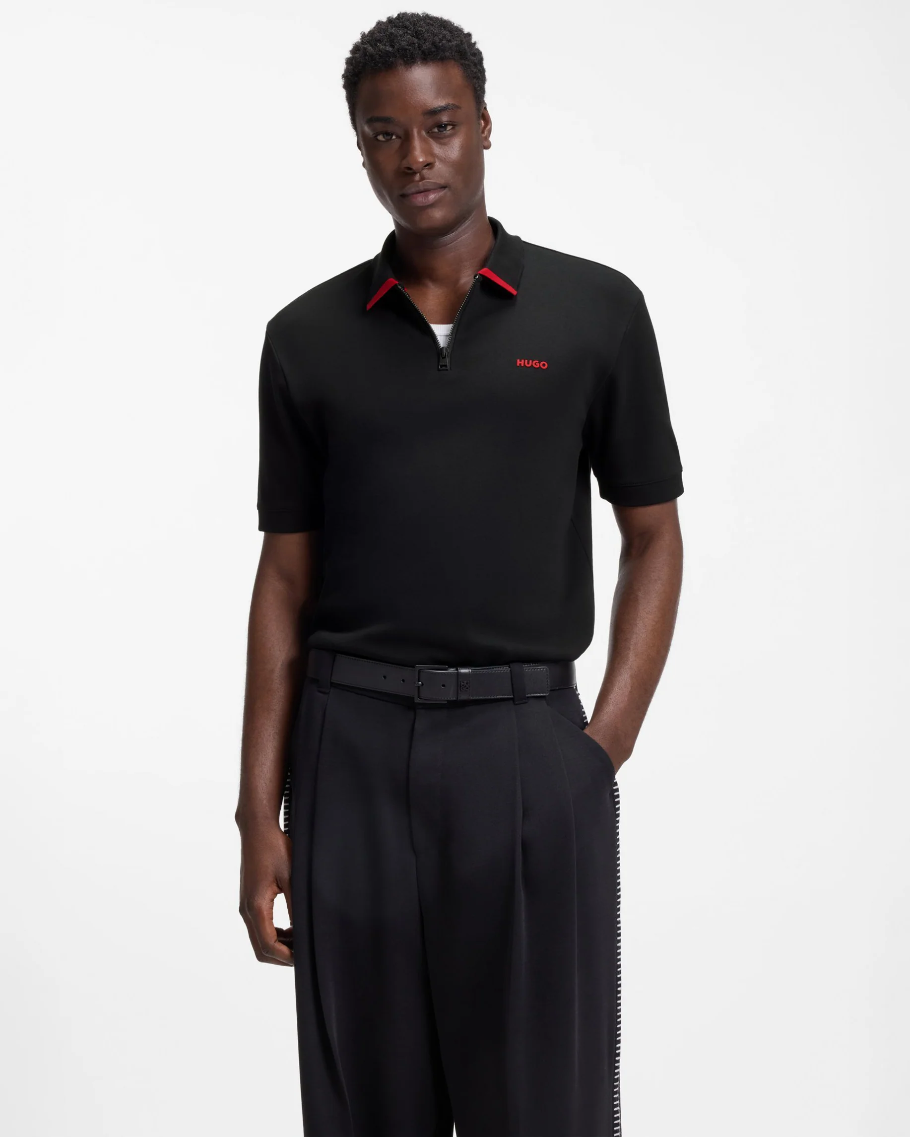HUGO Dalomino Mens Short Sleeve Zip Placket Polo Shirt with Contrast Logo - Black 002