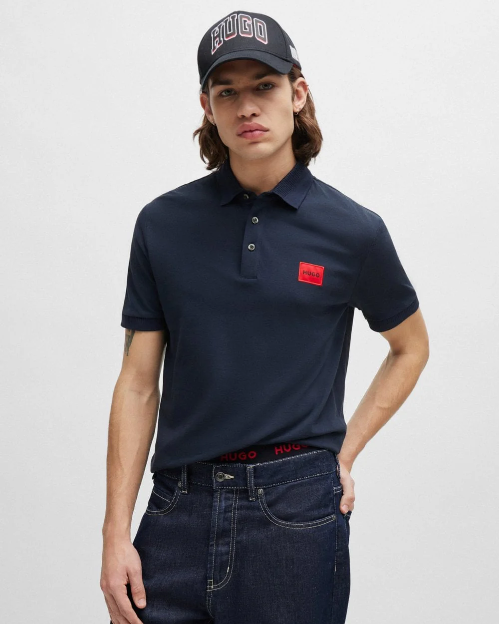 HUGO Dereso222 Mens Cotton Piqué Slim-Fit Polo Shirt with Logo Label NOS - Dark Blue 405