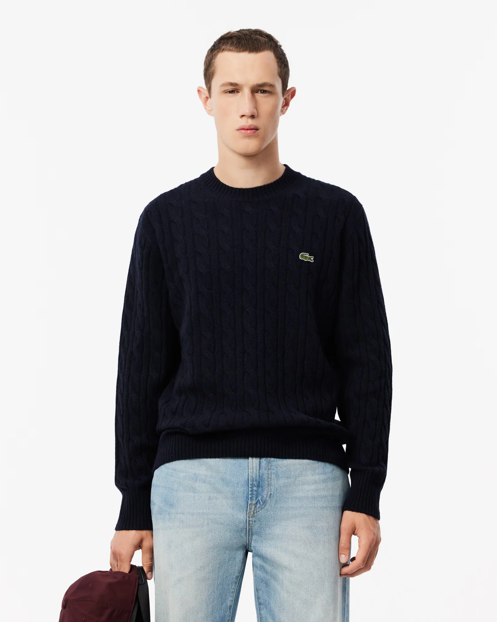 Lacoste Carded Wool Cable Knit Crew Neck Mens Sweater - Navy Blue 166