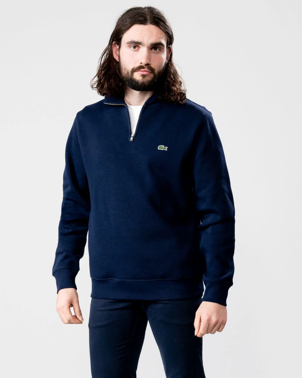 Lacoste Mens Zippered Stand-Up Collar Cotton Sweatshirt - Navy Blue 166