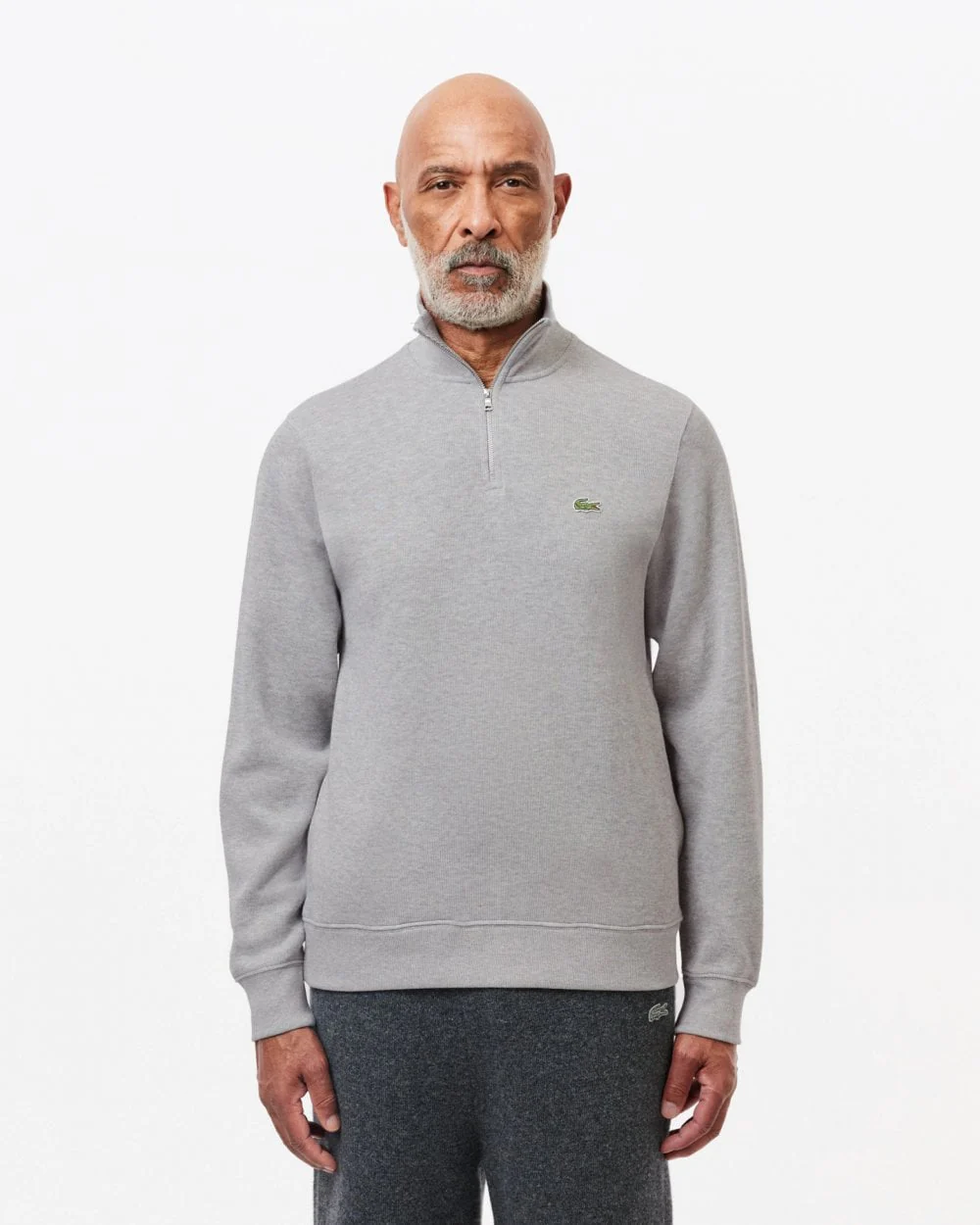 Lacoste Mens Zippered Stand-Up Collar Cotton Sweatshirt - Silver Chine CCA
