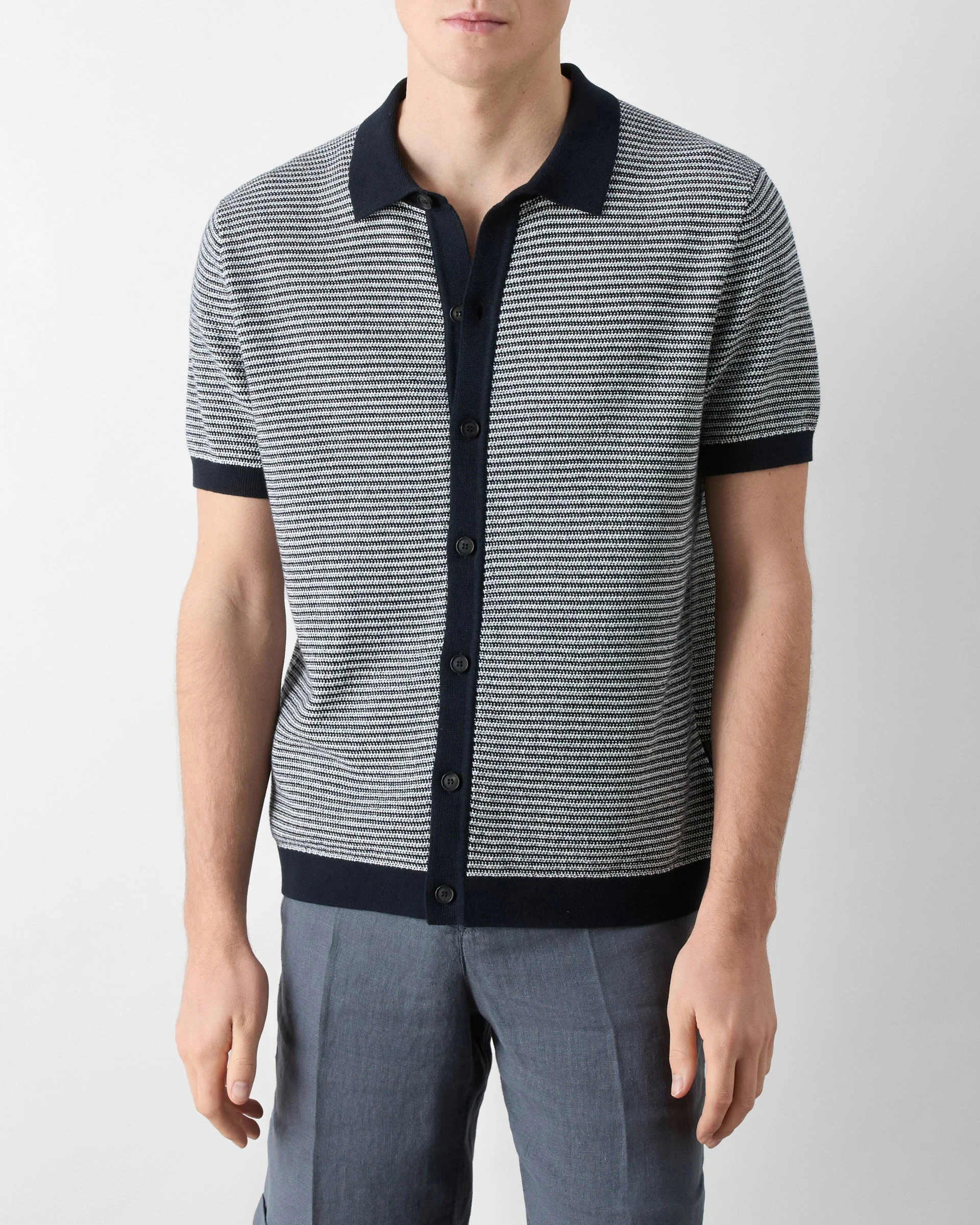 Oliver Sweeney Hessle Mens Knitted Cotton Short-Sleeved Shirt - Navy/Ecru